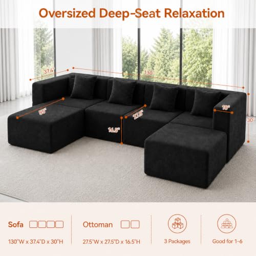 Image of MONVANE 130 inch U-Shaped 6 Seat Modular Sectional Cloud Couch, Jet Black | Sectional Couches for Living Room, High Supportive Backrests, Movable Ottomans, Deep Seat, No Assembly Required