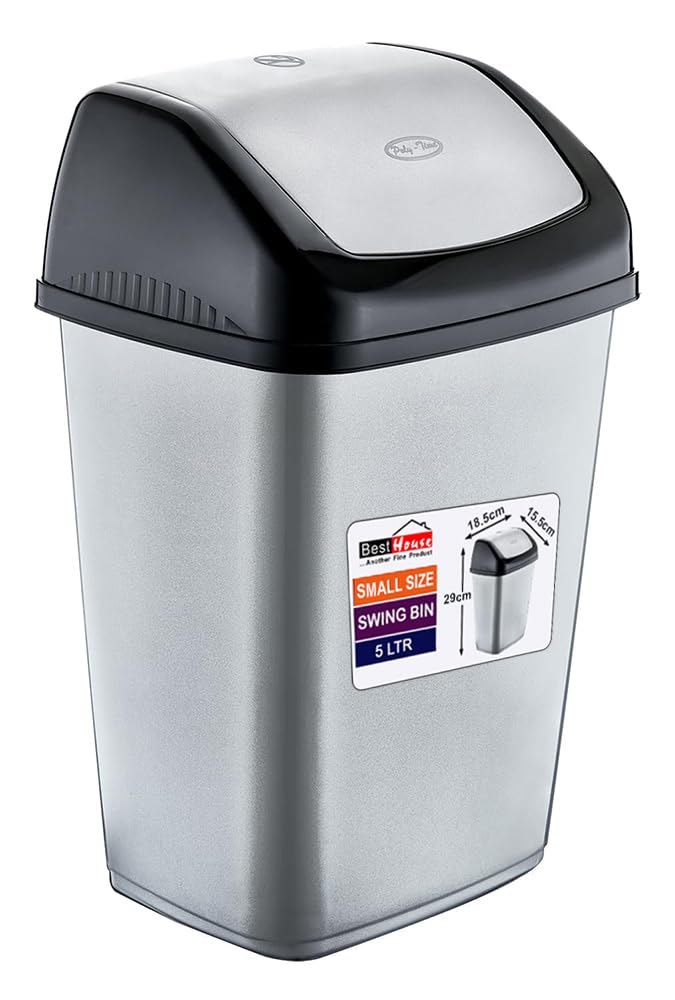 BH | Compact Very SMALL 5 Litres Swing Bin | Gray | 1 Pc | Waste, Durable, Hinged Swing Lid for Kitchen, Office, and Home Use – Odor Reducing Design - L 18.5 cm x W 15.5cm x H 29cm - By BEST HOUSE