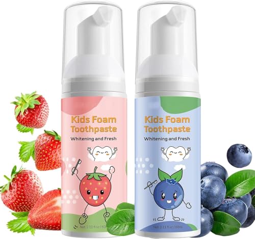 Dentifricio in schiuma per bambini senza fluoro, dentifricio per l'igiene orale dei bambini, aroma di fragola, gengive per la pulizia profonda, lavaggio della bocca,2PCsx60ml (Strawberry&Blueberry)