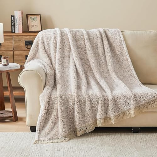 Image of EMME Soft Sherpa Fleece Blanket with Tassel, Reversible Plush Fluffy Large Blanket, Light Weight Warm Decorative Boho Blanket Cover for Sofa, Couch, Bedroom,Travel(Tassel Khaki,60 inchx80 inch)