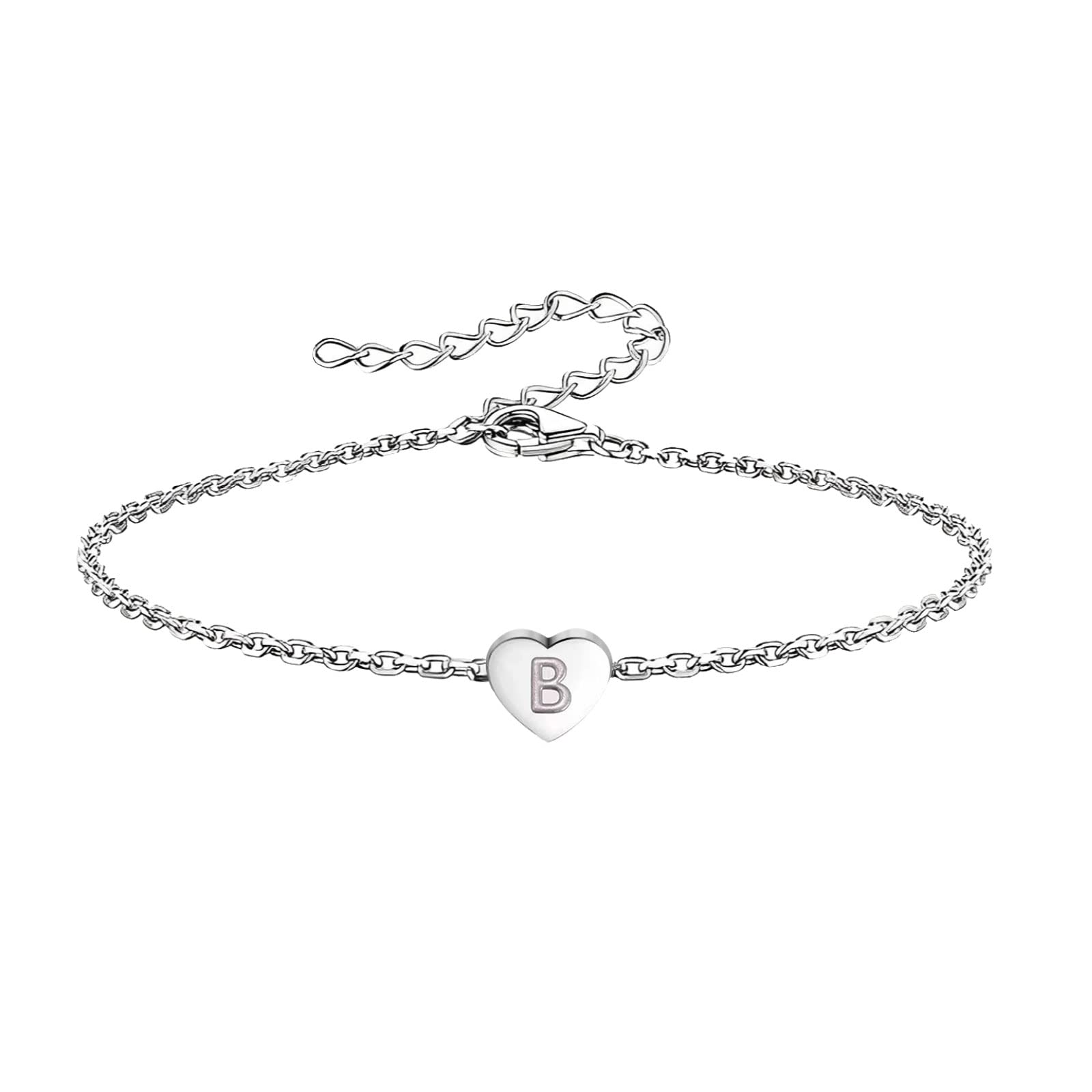 KunBeadJewelry Mini Size Silver Initial A-Z Letter Bracelet Love Heart Charm Stainless Steel Birthday Jewellery Gift Bracelets for Women