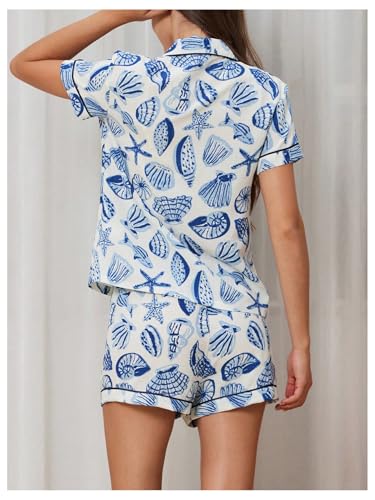 MakeMeChic Women's 2 Piece Pajama Set Graphic Short Sleeve Button Down Shirt and Shorts Set Sleepwear3