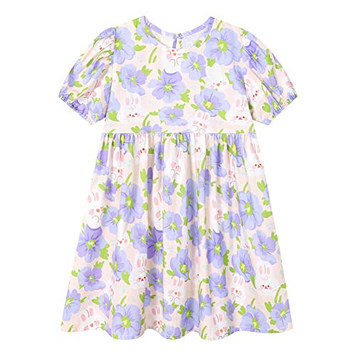 Smiling Pinker Baby Toddler Girls Summer Casual Cotton Dresses Floral Cartoon Bunny Short Puff Sleeve Dress(Purple And Rabbit,4 Years) #TOP8