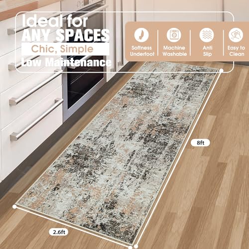 Runner Rug for Hallways Kitchen 2'6"x8' Washable Non Slip: Carpet Non Skid 8ft Entryway Rubber Backed 8 Feet Neutral Abstract Modern Rug Low Pile Pet Friendly Indoor Brown Beige