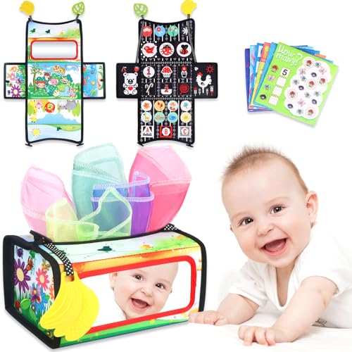 Image of FUNNYB&G Tummy Time Mirror Toys Baby Infant Toys 0-6 Months Montessori Tissue Box Toy Black and White High Contrast Foldable Sensory Toys for Newborn Baby 0-3 6-12 Months