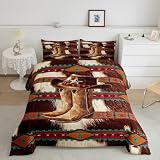 Homemissing Juego de ropa de cama con diseño de botas y sombrero de vaquero, estampado de vaca, estilo retro, tribal, tamaño doble, colcha geométrica exótica, decoración de dormitorio, estilo bohemio