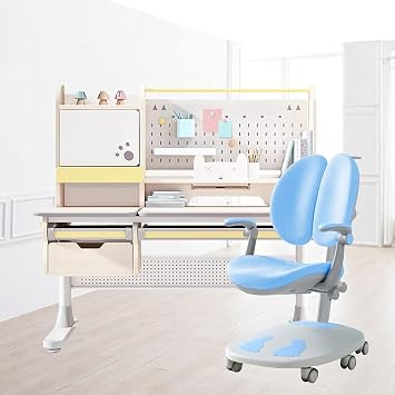 FCD Wood Ergonomic Kids Study Desk and Chair Set Height Adjustable Wood 47" Width Tiltable Desktop with Bookshelf and Hutch with Multi Function Study ChairNatural Wood Desk w/Blue Chair