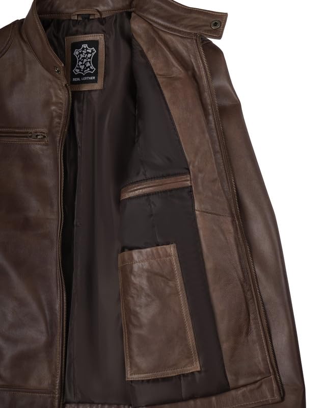 Image of Decrum Mens Leather Jacket - Cafe Racer Style Real Lambskin Leather Jacket Men