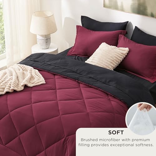 Image of Bedsure Queen Comforter Set - 7 Pieces Reversible Red and Black Bedding, Queen Size Bed Set for All Seasons, Bed in a Bag with Down Alternative Comforter, Sheets, Pillowcases & Shams