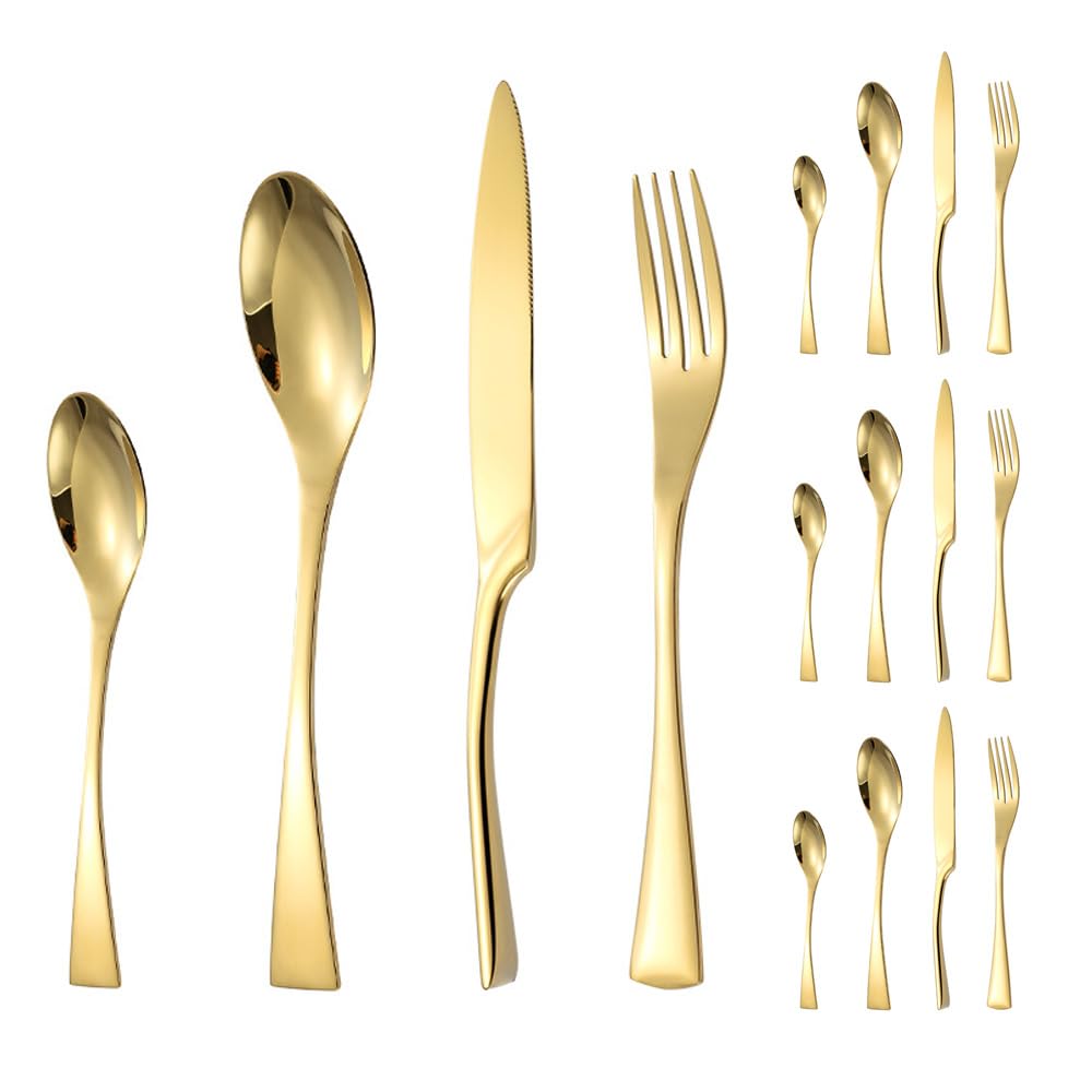 Titanium-plated Fishtail Handle Kitchen Stainless Steel Silverware Tableware Flatware Cutlery Set Steak Knife Fork Spoon Teaspoon (Gold,16 pieces)