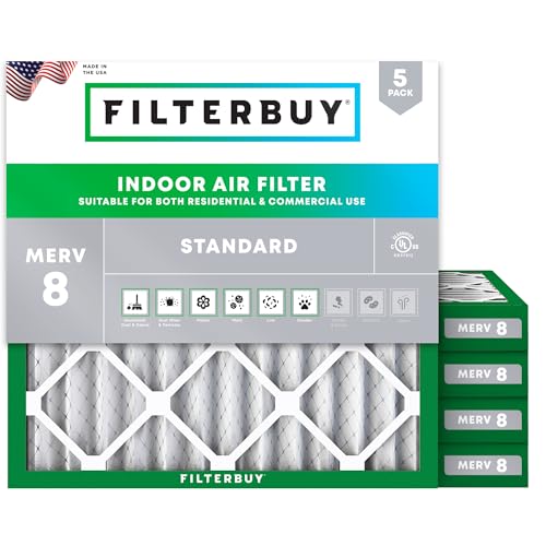 Filterbuy 20x20x2 Air Filter MERV 8 Dust Defense (5-Pack), Pleated HVAC AC Furnace Air Filters Replacement (Actual Size: 19.50 x 19.50 x 1.75 Inches)