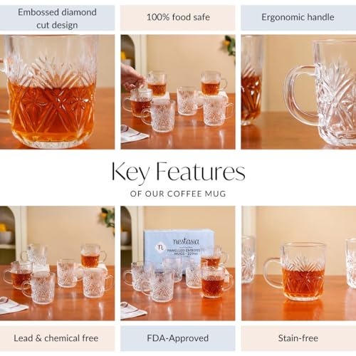 Image of Nestasia Set of 6 Transparent Glass Tea Cups (230ml Each) - Diamond Embossed Durable & Chip-Resistant Coffee Mugs | Perfect for Coffee, Tea, Hot & Cold Beverages