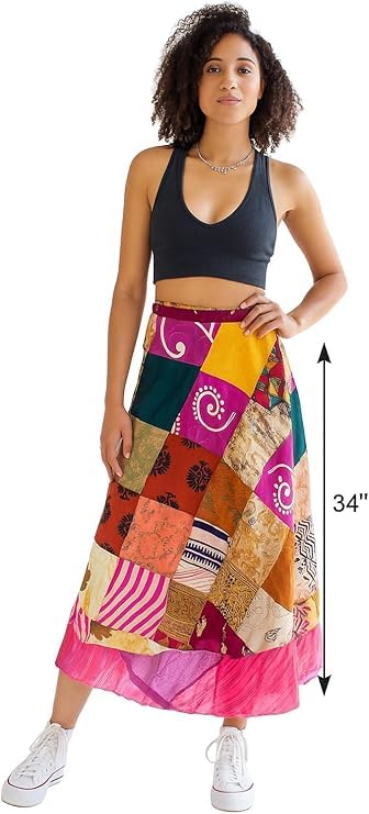 YILLE Boho Sari Silk Vintage Patchwork Wraparound Long Skirt for Women Ethnic Tie Waist Gypsy Skirt Multicolor Asymmetrical Free Size, Ethnic Fashion for Any Occasion and Casual Outings (Pack of 1)3