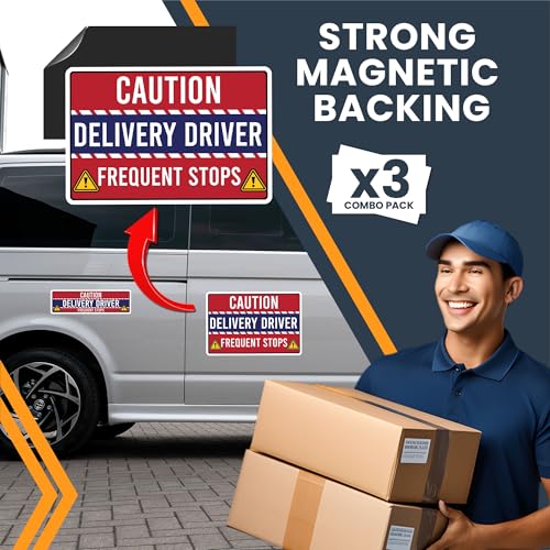 Image of Magnet Me Up Caution Frequent Stops Delivery Driver Automotive Magnet Decal, 3 Pack, Red /Blue, Two 8x12 inch and One 3x10 inch, Automotive Magnet for Car, Flex Delivery Driver, Crafted in USA