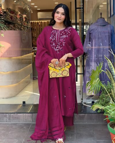 Image of ANNI Designer Women's Rayon Viscose Embroidered Straight Kurta with Pant & Dupatta