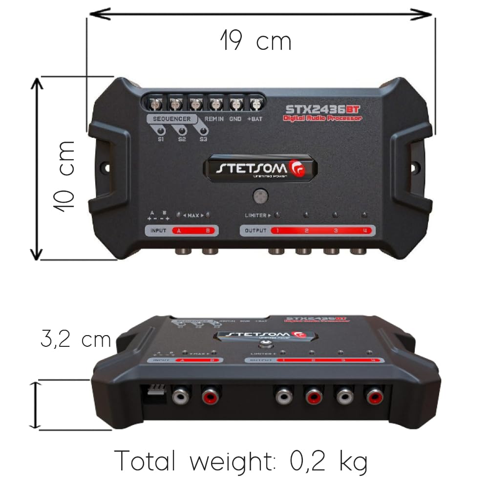 Kit Set para Stetson STX2436BT Procesador de Audio Digital de 4 Canales con Bluetooth, 2 entradas de Audio, 4 Salidas Independientes, para Coche, 1 Pieza
