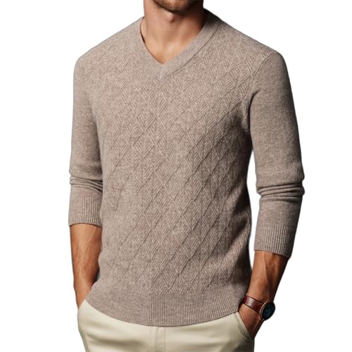 Men's 100% Wool V-Neck Sweater Fashion & Leisure Diamond Check Pattern Long-Sleeved Pullover for Fall and Winter