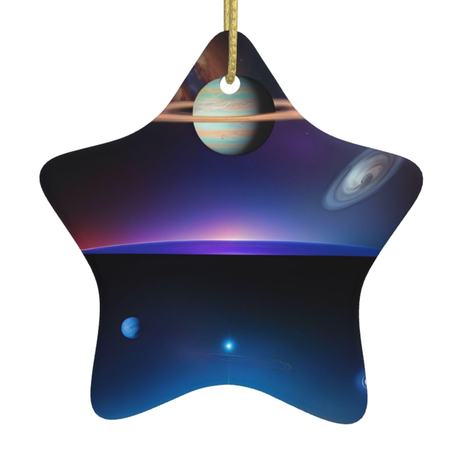 Cosmic Saturn Christmas Ceramic Star Pendant with Punched Holes and Gold Wire Rope, Christmas Tree Home Decoration
