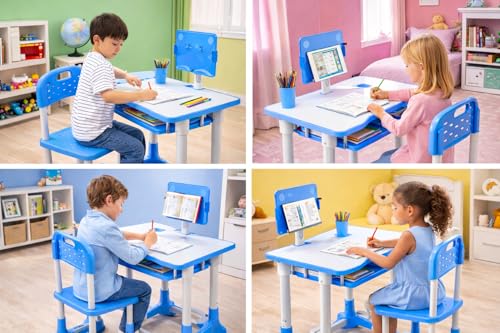 Image of MLU Adjustable Kids Study Table & Chair Set with Book Holder, Storage Tray & Tablet Stand | Height Adjustable Ergonomic Desk for Kids