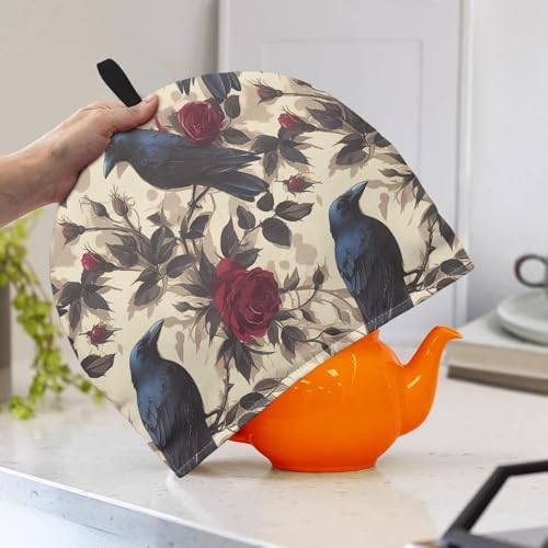 Image of Gothic Crow Tea Cozy for Teapot Insulated Reusable Kettle Cover Breakfast Warmer Rose Tea Pot Cozy for Keeping Warm Thick Teapot Dust Protector