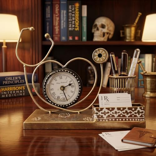Image of Metal Stethoscope Pen Stand with Clock, Copper Finish Showpiece | Antique Copper Finish Desk Organizer, Doctor Gift & Office Table Decoration Showpiece, Single Pack