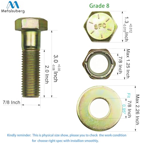 Image of 7 /8 inch x 3 inch Hex Head Bolt by Color Galvanization with Nylon Lock nut and Large Size Washer Assortment Kit,Alloy Steel,Grade 8.(4pcs Pack),by Metalsuberg