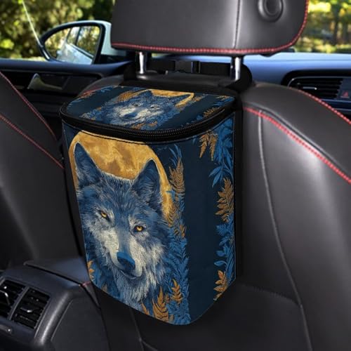 Image of Talayituse Moon Wolf Leaf Print Car Trash Bin, Large Size Auto Trash Can Adjustable Portable Garbage Can with Lid, Vehicle Hanging Bag for Headrest Front Back Seat