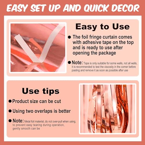 Image of 3 Pack Rose Gold Foil Fringe Curtains Backdrop, 3.28 x 9.8 Ft Metallic Streamers Tinsel Curtains Background for Photo Booth, Birthday, Halloween, Christmas, Thanksgiving, New Year Party Decorations