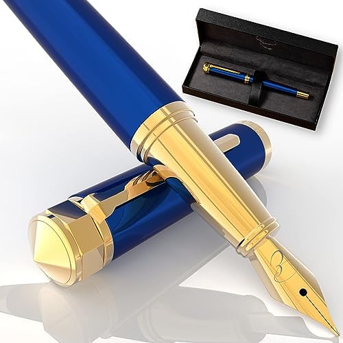 Ellington Pens Luxury Fountain Pen Set- Fountain Pens for Writing - Smooth Medium Nib - Includes Refillable Ink Converter, 3 Ink Cartridges [Black & Blue], Gift Box - Elegant Calligraphy