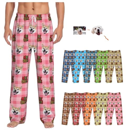 Personalized Xmas Pajamas Pants with Photo for Mens, Custom Christmas Pj Bottoms Sleepwear With Dog Cat Face Gifts for Women Wife