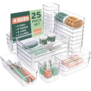 Ruboxa Clear Drawer Organizer, [25 PCS] Clear Plastic Drawer Organizers for Home Organization and Storage, Including 4 Sizes Small Organizer Bins, Non-Slip Pads, for Bathroom, Kitchen, Vanity & Office