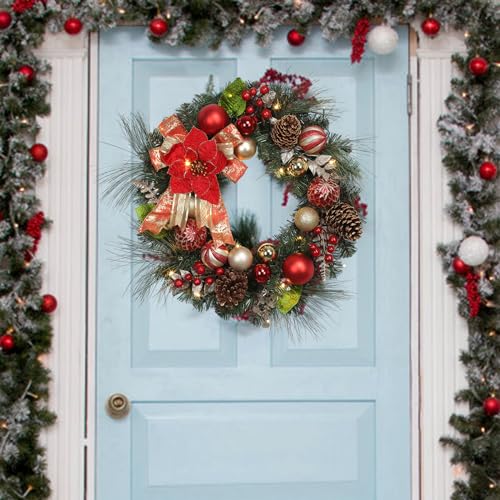 24 Inch Christmas Wreath for Front Door, Prelit Outdoor Christmas Wreath with 20 LED Lights Timer Red Gold Ball Ornaments Pine Cones and Bow for Fireplace Home Holiday Decor