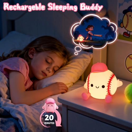 Image of OkiyiD Softball Lamp, Dimmable Silicone Touch Night Light, Soft Glow Bedside Lamp for Bedroom Desk Decor, Softball Gifts for Girls, USB Powered with Gentle Illumination