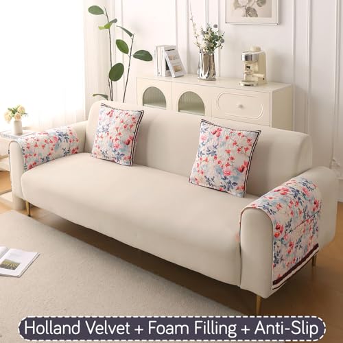 Image of HOKIPO 'Florentina Series' Premium Holland Velvet Sofa Arm Cover with Foam Filling & Anti Slip Backing | 2 Pcs | Scarlet Rose Ivory (IN-876-V4*2S)