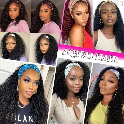 Image of Kinky Curly Headband Wig Human Hair 26 Inch Natural Wigs for Black Women | Glueless None Lace Front Wig, Brazilian Virgin Hair, 200% Density, Machine Made Curly Headband Wig, Wear and Go
