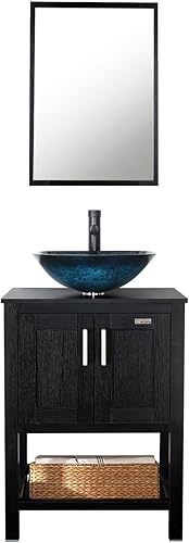 eclife Combo de lavabo de baño de granja de 24 pulgadas con estante inferior de almacenamiento moderno, MDF negro, turquesa, cuadrado de vidrio