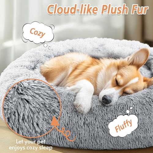 JOLLYVOGUE Calming Dog & Cat Bed for Small Dogs, Anti-Anxiety Donut Cuddler Cozy Soft Round Bed with Anti-Slip Bottom, Fluffy Faux Fur Plush Cushion Beds for Small Medium Dogs (20") - Image 3