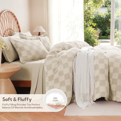 Image of MR&HM King Size Comforter Set 7 Pieces, Checkered Boho Tufted Bed Set Beige | Farmhouse Vintage Bed with Plaid Geometric Design, All-Season Bed in A Bag Comforter with Sheets, Pillow Shams & Pillowcases