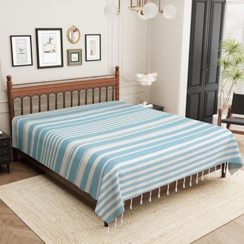 Image of 210 TC Cotton Bedsheet | Handmade Double Bedsheet | Handloom Bedsheets | Without Pillow Cover | Warm Double Bedsheet for Winter (90X100 Inches, 7.5 x 8.3 Feet (Wild Blue Yonder)