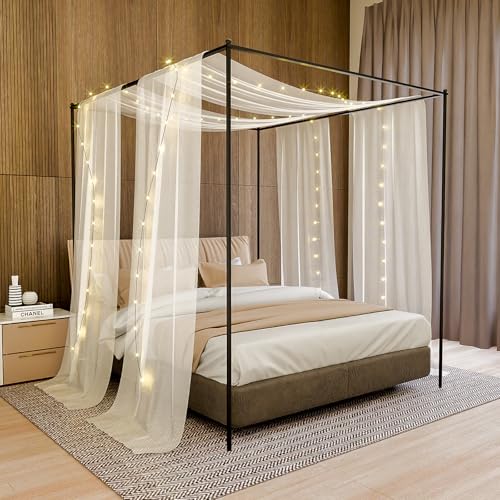 URMAGIC Canopy Bed Curtains with Lights for Girls & Adults, 2 Panels Sheer Bed Canopy Curtains for...