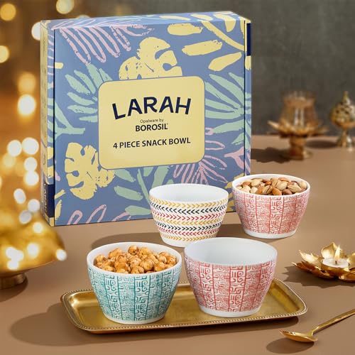 Image of Larah by BOROSIL Opalware Bowl | Microwave & Dishwasher Safe Dinner Bowls for Salad, Fruits, Dal, Maggi, Snacks, Cereal | Breakfast Bowls | Ideal Crockery for Gifting (Tribe & Clan, 4pc Set)