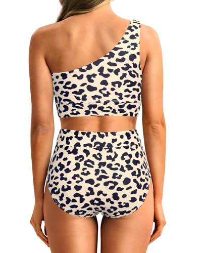 Image of Holipick Women One Shoulder High Waisted Bikini Sets Two Piece Swimsuit Tummy Control Bathing Suit Full Coverage Swimwear