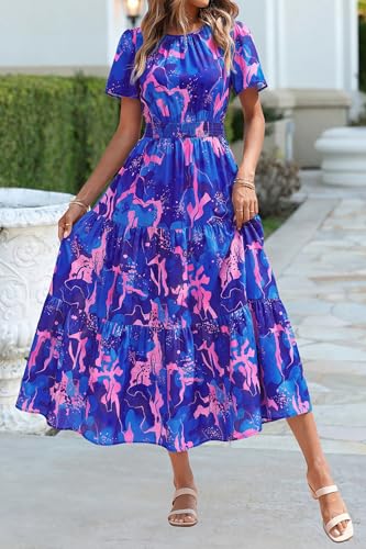 Image of PRETTYGARDEN Women's Casual Smocked Boho Floral A-Line Maxi Dress 2026 | Summer Short Flutter Sleeve Crewneck Tiered Long Sundress,Fall Wedding Guest Dresses,Spring Cute Flowy Beach Vacation Clothes