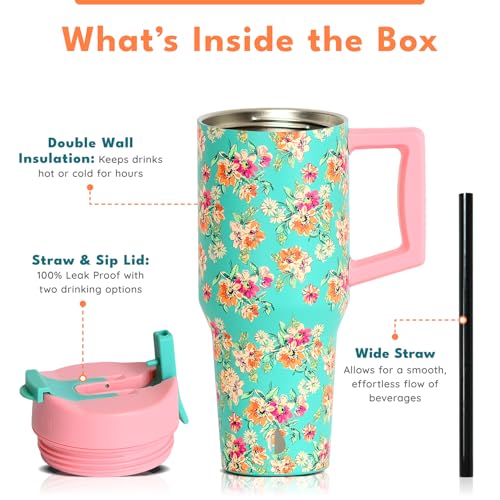Image of Elemental 100% Leak Proof 32oz Tumbler with Handle & Straw Travel Mug | Stainless Steel Double Wall Insulated Tumbler for Hot and Cold Beverages with Sip & Straw Lid