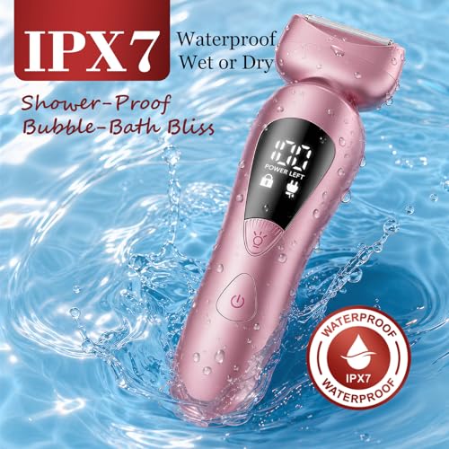 Image of Cordless Electric Razors for Women: Rechargeable Painless Bikini Trimmer for Body Hair - IPX7 Waterproof Shaver with LED Display for Face /Underarm /Leg Soft Pink
