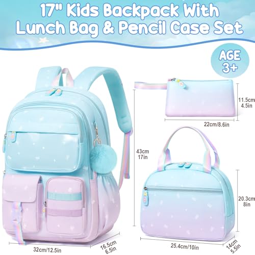 Fimibuke Backpack for Girls, 3 PCS Waterproof Kids Backpack with Lunch Box & Pencil Case, Gradient Backpacks for Teen Girl Kindergarten Elementary Middle High School Student Back to School Bookbag Set4
