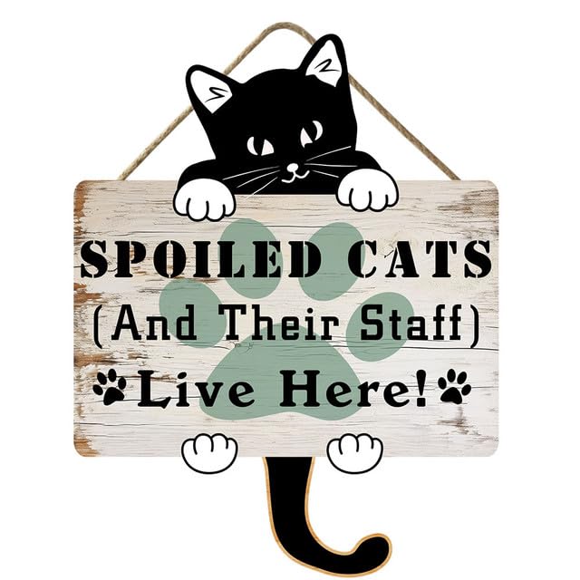 Lefangovs Spoiled Cats and Their Staff Live Here Funny Wood Hanging Sign Rustic Plaque For Home Garden Housewarming Bedroom Living Room Art Cat Lover