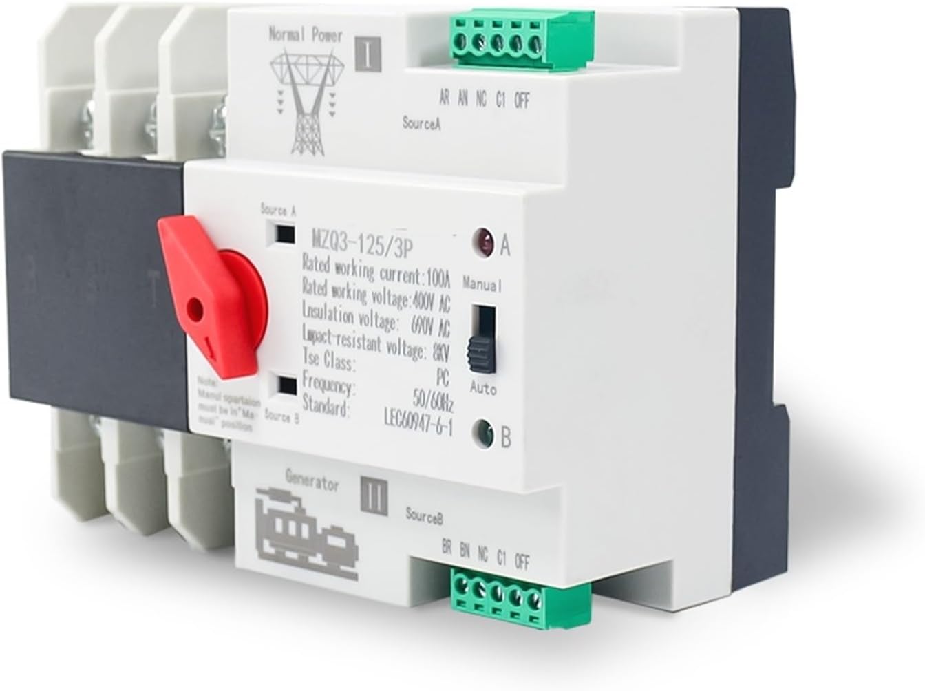 Double Power Automatic Transfer Switch Din Rail Mounting 3 Pole 125A Double Power Source Auto Transfer Switch ATS for Household Generator