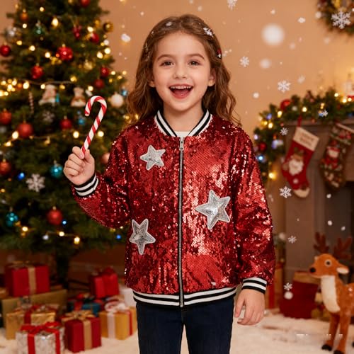 Image of LOLANTA Girls Sequin Jacket, Long Sleeve Kids Bomber Coats with Pockets, Spring Fall Outfits for 4-15 Years