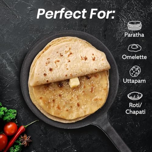 Image of HomeEssentials Premium 26cm Cast Iron Tawa /Dosa Tawa | Flat Griddle with Long Handle | Perfect for Crispy Dosas, Rotis, Chapatis, Paranthas & Pancakes | Heavy-Duty, Induction & Gas Stove Friendly